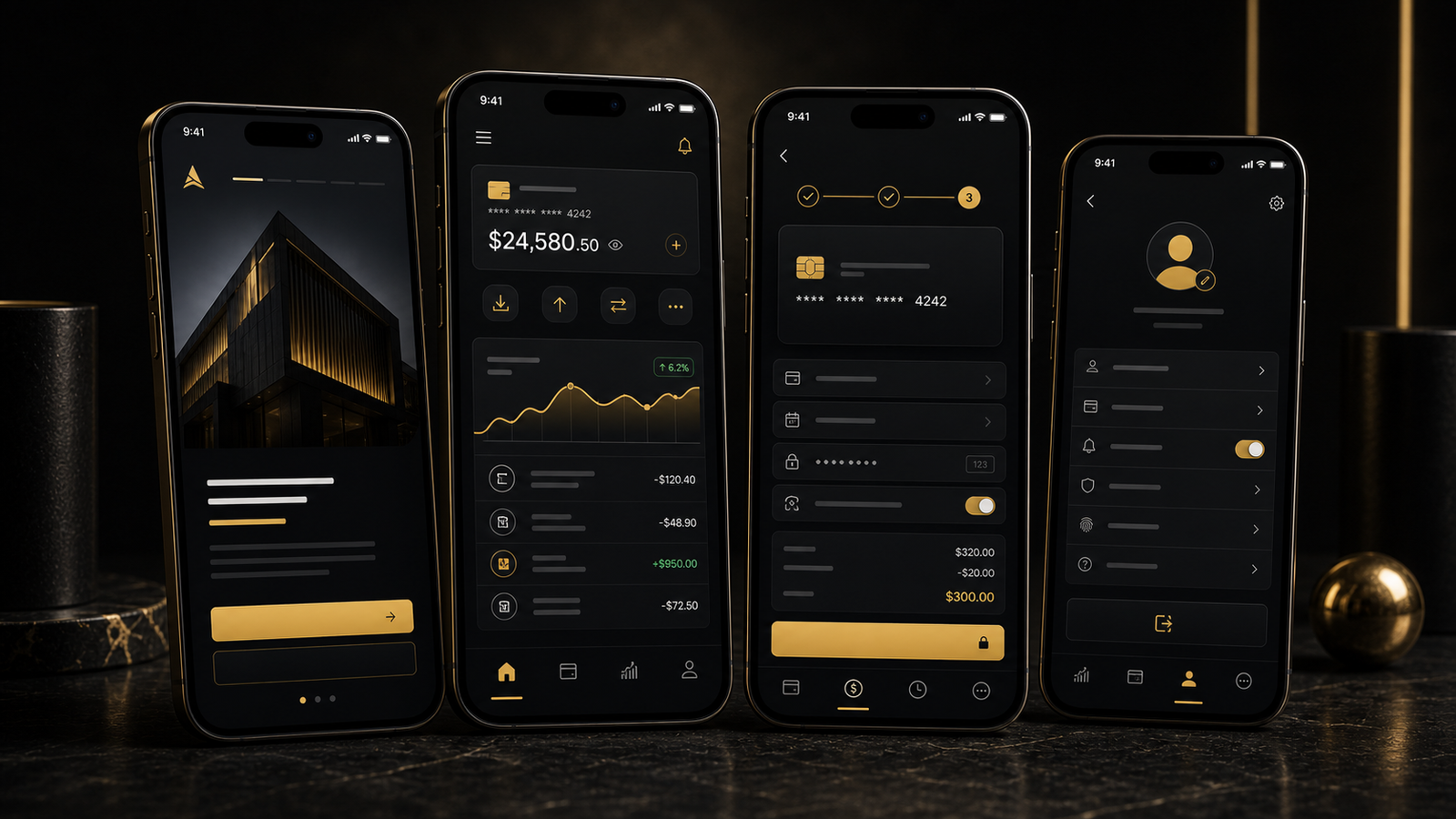 Premium mobile app interfaces shown across smartphones