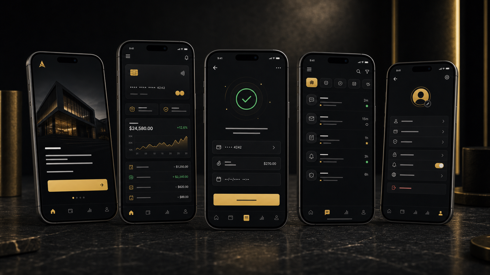 Premium mobile app designs shown across smartphones