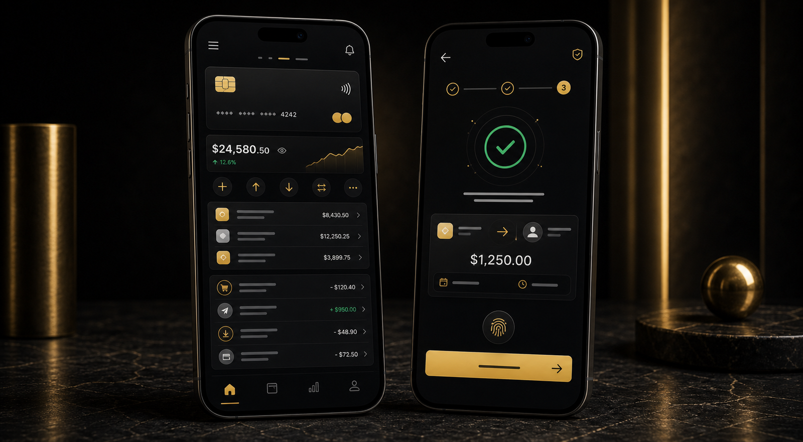 Native fintech wallet app screens on smartphones