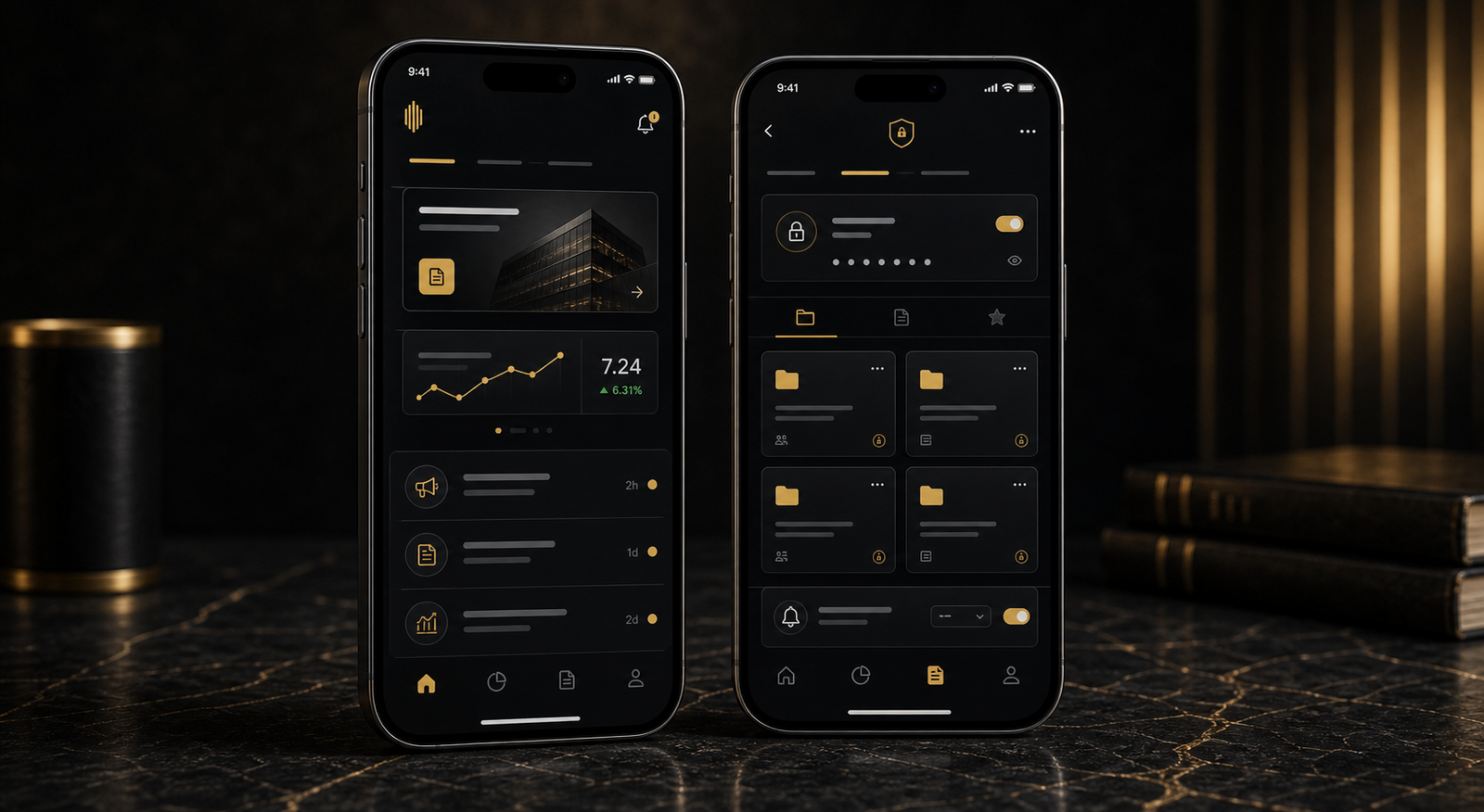 Native investor relations app screens on smartphones
