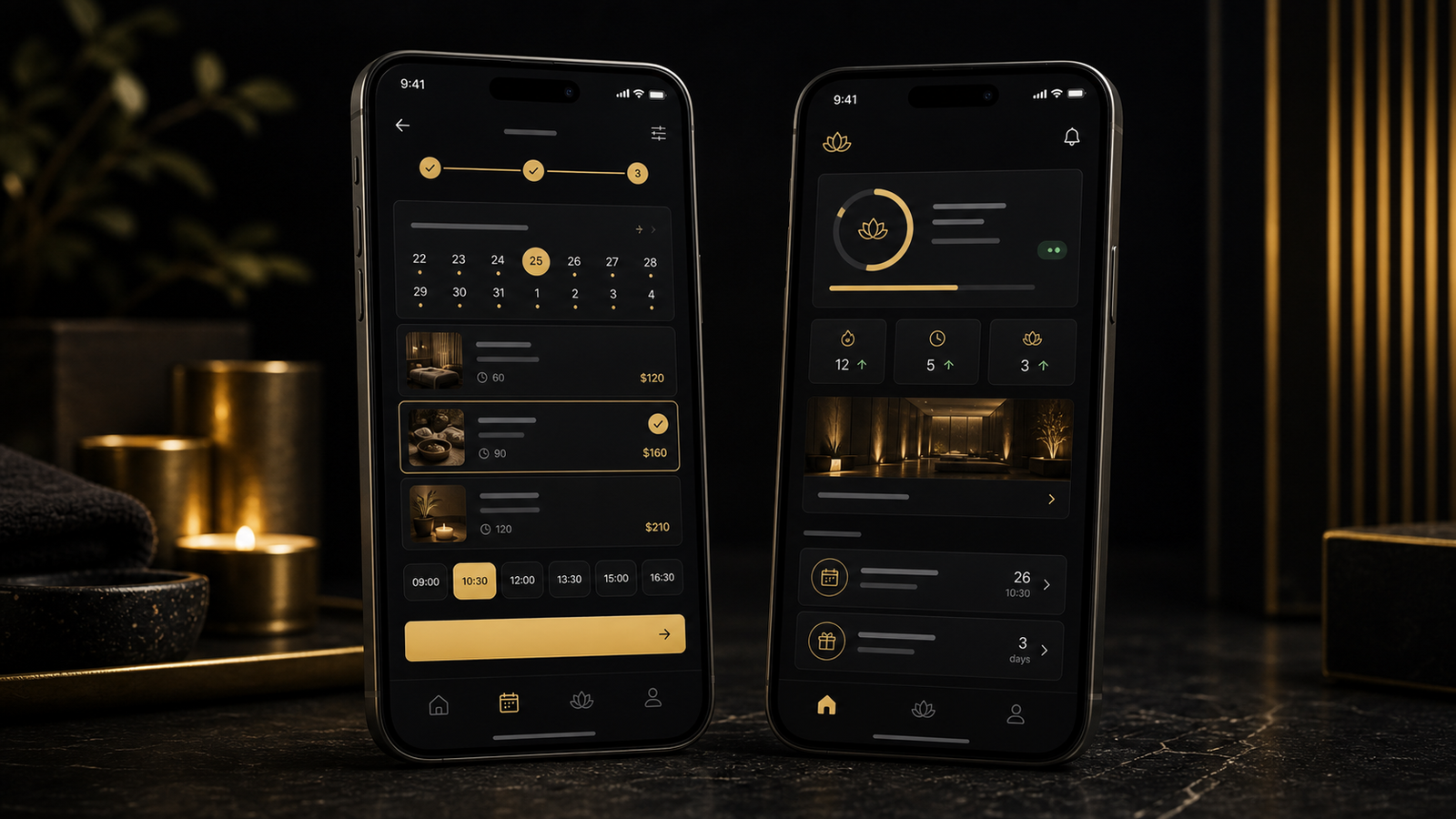 Native wellness booking app screens on smartphones